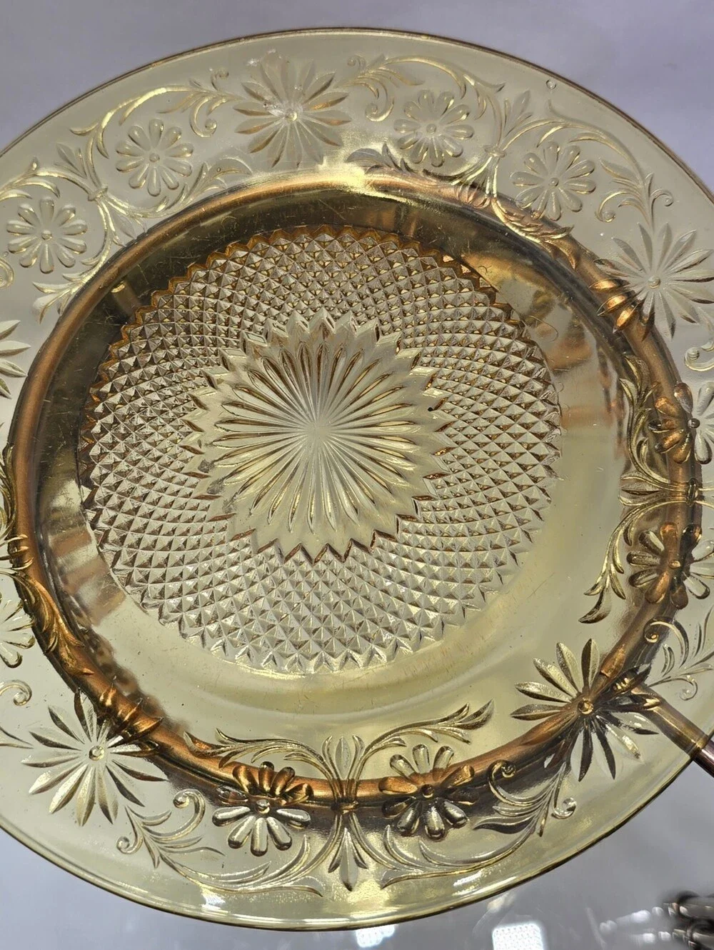 Vintage 3-Tier Metal Dessert Stand Amber Glass Plates Beaded Display Centerpiece